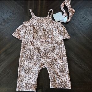 Pink And Brown Floral Ribbed Ruffle Romper Jumpsuit 3-6M New Girl's